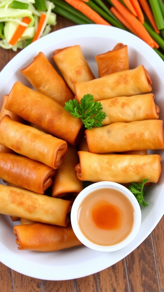 Crispy egg rolls on a platter with sweet and sour sauce, garnished with parsley and surrounded by fresh ingredients.